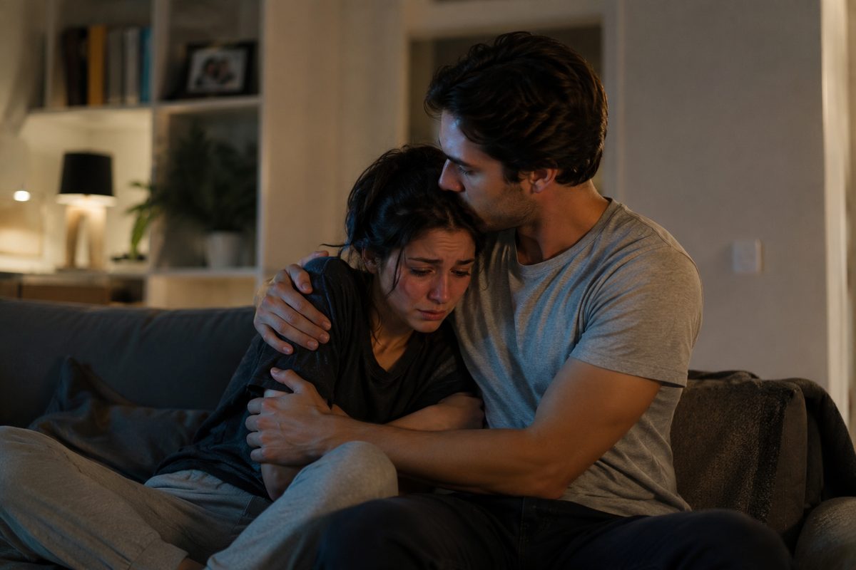 A couple embracing on a sofa in low light, one partner comforting the other — illustrating the intermittent affection that fuels trauma bonds